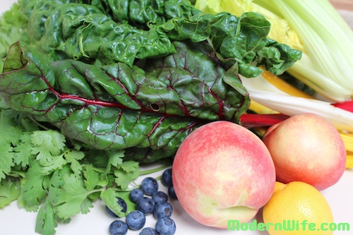 Cilantro, Swiss chard, celery, peach, nectarine, blueberries, lemon
